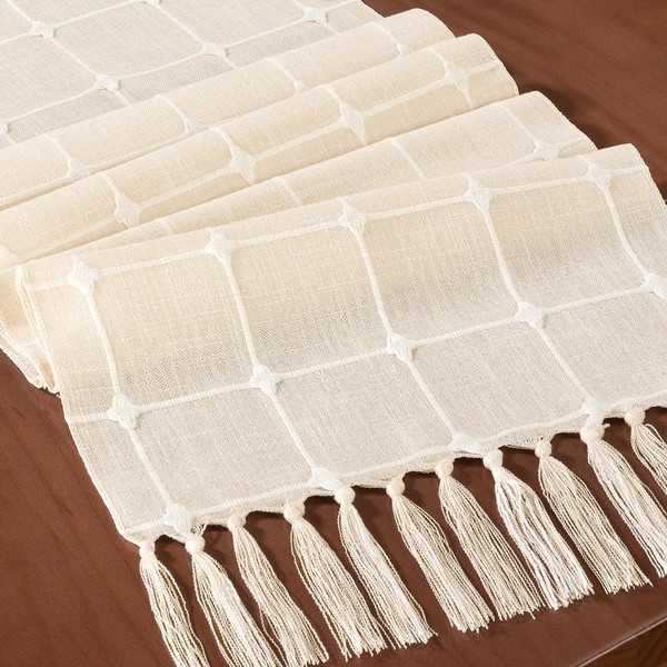 MLMC Rustic Embroidered Lattice Table Runner 72 Inches Beige Cream
