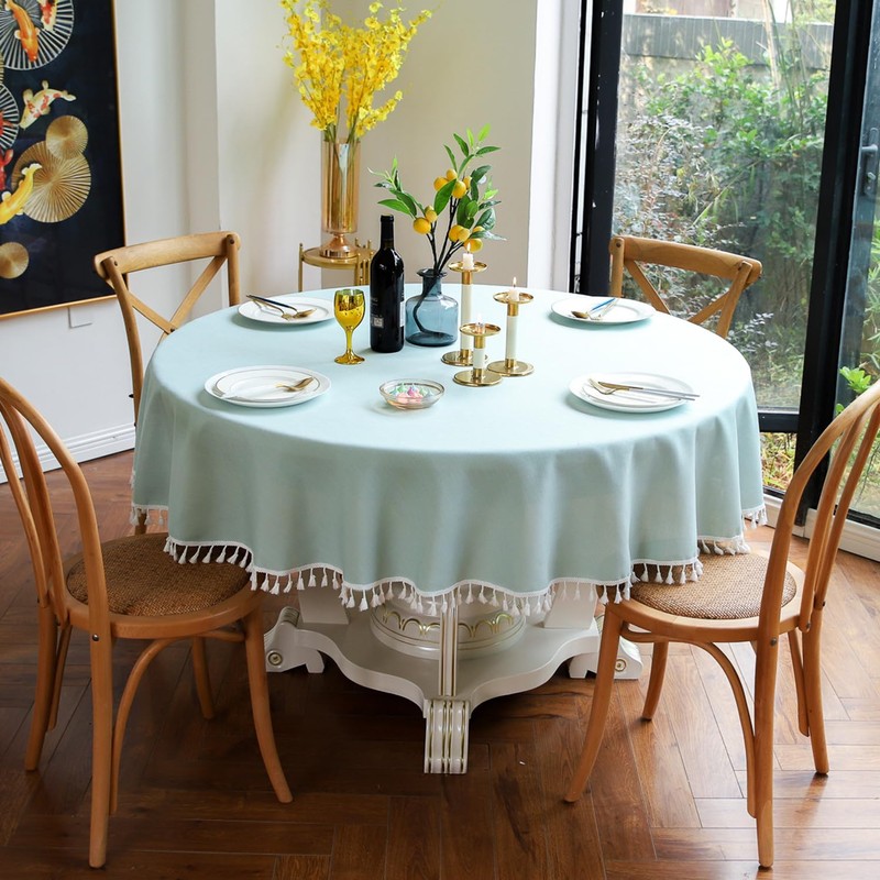 GOEXCPL Round Cotton and Linen Tablecloth with Fringes, Blue-Green Diameter