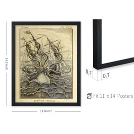 Poster Master Vintage Colossal Octopus Poster - Retro Giant Octopus and Ship Print - Kraken Art - Nautical Gift for Him, Her - Gothic Decor for Bathroom, Ocean or Beach House, 11x14 Black Framed