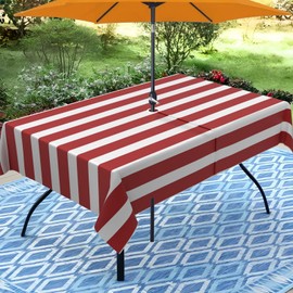bnhjsdw Strips Print Outdoor Tablecloth with Umbrella Hole for Rectangle Table, Waterproof Red Patio Table Cloth with Zipper - 60 x 84 inches