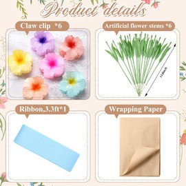Thiccywoov Colorful Flower Hair Clip Bouquet Set, 6 Pcs Hibiscus Flower Claw Clip with Tulip Stems Kraft Wrap Paper & Ribbons, DIY Craft Kit Gift for Women
