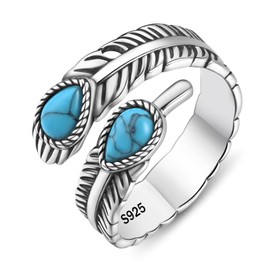 JXJL Feather Turquoise Rings - 925 Sterling Silver Adjustable Feather Ring Vintage Thumb Rings for Women Men （8#）