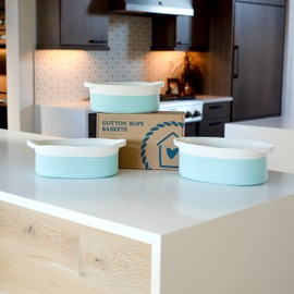 NaturalCozy 3-Piece Oval Storage Basket Set–Natural Rope Woven Baskets for Storage, Gift Basket Empty, Toy Basket, Soft Baby Basket for Nursery, Cat Dog Toy Baskets, Small Basket (Off White Turquoise)