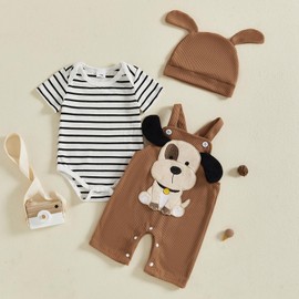 XIXIMAON Infant Baby Boy Outfits Short Sleeve Striped Romper Cartoon Dog Suspender Pants Dog Ears Hat Set 3pcs Cute Toddler Spring Summer Clothes Set (Khaki, 6-9 Months)