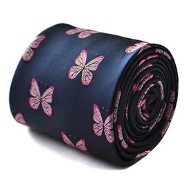 Frederick Thomas navy tie with pink butterfly embroidered design with signature floral design to the rear