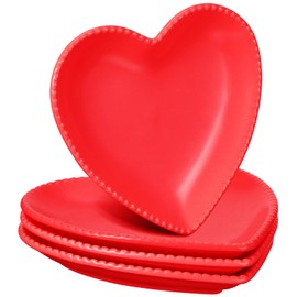 4 Set Heart Shaped Plates Ceramic Salad Cute Plate Set Steak Elegant Dinner Dish 6.9 Inch Dessert Tray Serving Dish Dessert Appetizer Snacks for Mother's Day Anniversary Wedding(Red)