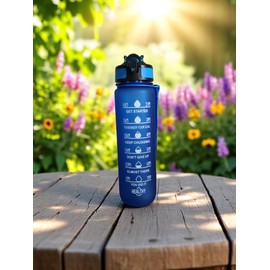 Sports Water Bottle with Time Marker, 32 Oz, Motivational Tracking, BPA Free, Blue, Green and Black (Blue)