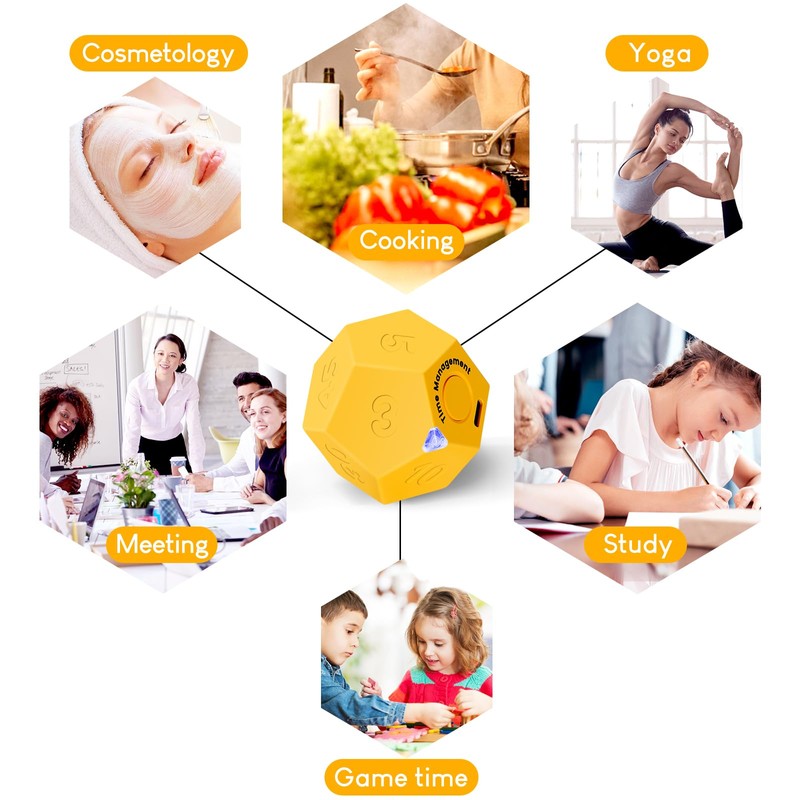 Yellow Pomodoro Timer - 11 Preset Productivity Cube, Ring/Vibrate Mode,