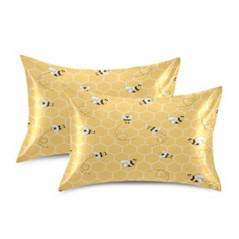 Satin Pillowcase for Hair and Skin Silkly Decorative Pillow Sham with Envelope Closure Pillow Cover (20x30in, Yellow Honeycomb Bee)