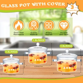 Hsei 3 Pcs Glass Simmer Pot Heat Resistant Clear 1.3 1.5 1.9 L Saucepan with Cover Handle Glass Pots for Cooking Cookware Stovetop and Pan with Lid for Pasta Noodle(Classic)