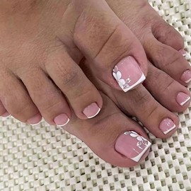 French Tips Press on Toenails Pink CEWEWP Short Square Toe Fake Nail Tips White Flower Design Acrylic Toe Nails Full Cover Glue on Toenails Glossy Summer False Toe Static Nails for Women Girls 24Pcs