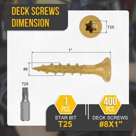 DTGN #8x1 Deck Screws - 400Pack - Good for Decks, Fences, Frames, Farms, Outdoor Furniture - Carbon Steel Wood Screws W/ T25 Torx Star Drive Bit - Tan