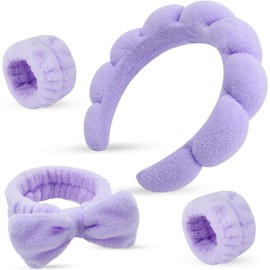 4 Pcs Women Soft Spa Headband and Wristband Set, Plush Terry Cloud Design, Cute Hair Band for Makeup and Face Washing (Purple, One Size)