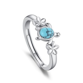 MOPOPOK 925 Sterling Silver Turquoise Turtle Ring for Women Turtle Flower Ring Adjustable Animal Ring Ocean Jewelry Birthday Gift, Sterling Silver, creating turquoise