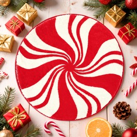 FEBSNOW Christmas Bathroom Rugs Decor, 21.6 Inch Christmas Red and White Candy Winter Round Rug Bath Mat, Non Slip Absorbent Carpets Doormat with Backing Washable for Tub Bedroom Nursery