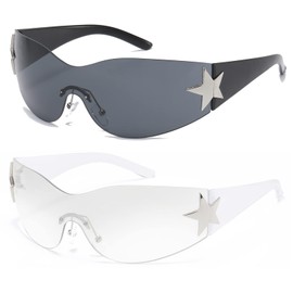 Long Keeper Trend Y2k Wrap Around Sunglasses for Men and Women, Vintage Rimless Sunglasses Women Large with Star UV Protection Fashion Retro Rave Glasses, Black Frame/Grey + Clear Frame/Transparent