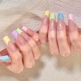 150 Pcs French Tip Press on Nails - Long Square Press on Nails, French Tip Gel X Nails French Press on Nails, Colored Nail Tips Soft Gel Nail Tips Acrylic Nails, French Tip Nails for Young Girls