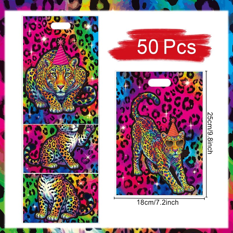 Falueqg 50 Pcs Rainbow Cheetah Leopard Goodie Candy Bags Party