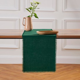 Solino Home Evergreen Linen Table Runner 120 Inches Long - 100% Pure Linen Fringe Table Runner 14 x 120 Inch Ideal for Wedding, St Patrick's Day