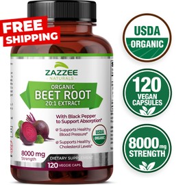 Zazzee Naturals USDA Organic Extra Strength Beet Root 20:1 Extract 8000 mg Strength 120 Capsules