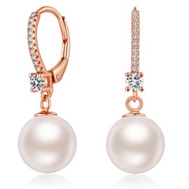 Pearl Earrings for Women Rose Gold Earrings Pearl Leverback Earrings Women Dangle Drop Earrings Rose Gold Plated Pearl Drop Earrings Cubic Zirconia Baroque Pearl Earrings Silver Pearl Earrings Drop