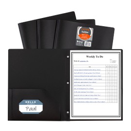 C-Line Two-Pocket Heavyweight Poly Portfolio with Prongs, For Letter Size Papers, Includes Business Card Slot, 1 Case of 25 Portfolios, Black (33961-25)
