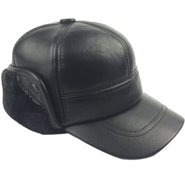 Sandy Ting Winter Leather Baseball Cap Earflap Fitted Hats Men Soft Hunting Hat, Black, Medium