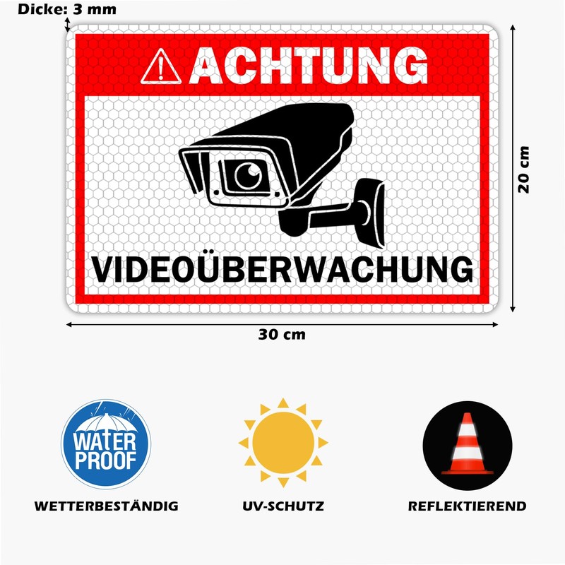 Set of 2 REFLEKTIEREND Achtung Videoüberwachung Sign (20 x 30