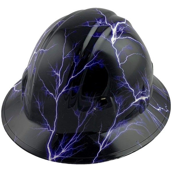 Hydrographic Full Brim Hard Hats with 6 Point Suspension - Purple Lightning Storm Design