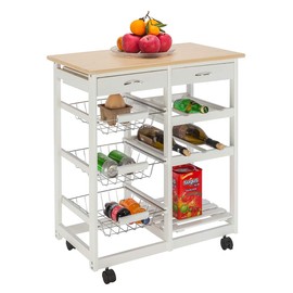 Home Furnishing Plaza Moveable Kitchen Cart with Two Drawers & Two Wine Racks & Three Baskets White