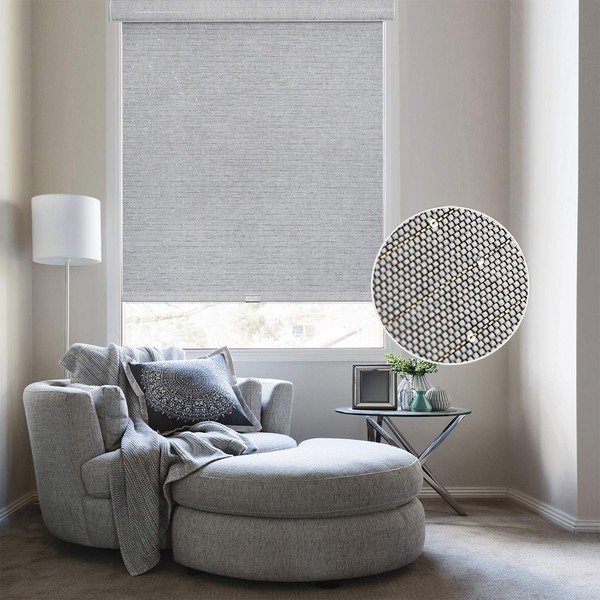 GoDear Design New Modern Free Stop Cordless Roller Shade with Cassette Valance, Window Blind 46" W x 72" L, Light Filtering, Natural Woven Fabric with Shimmering Cup Sequins, Diamond Silver