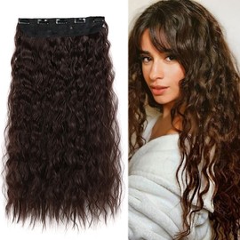 [LANJING] Wig Piece Extensions Wavy Curly Hair Long Fashion Heat Resistant Silk Material Length 23.6 inches (60 cm) (Design: Dark Brown, 1 Piece)