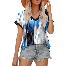 XIEERDUO Womens V Neck T Shirts Basic Tops Fashion Summer Clothes Loose Printed L Tie-dye Blue