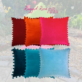 Ragged Rose 50cm x 50cm Cushion Covers - Pompom Cushion Covers with Zip Fastening - Velvet Cushion Cover for Living Room & Bedroom