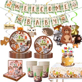 65Pcs Woodland Animals Birthday Party Supplies Wild Animals Party Decorations Include Happy Birthday Banner Plates and Napkins Cups Animals Foil Balloons for Woodland Theme 1st Baby Shower Decor