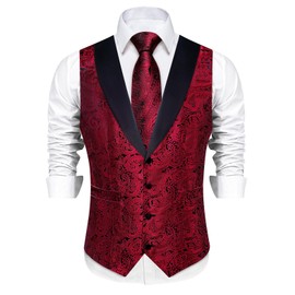 DiBanGu Mens Silk Vest and Tie Set 7PCS Paisley Suit Waistcoat and Necktie with Lapel Pin for Wedding Shawl Collar Dress Vest, Red and Black, Xx-Large