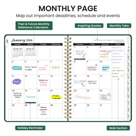 2026 Planner, Weekly and Monthly Planner, January 2026 - December 2026, Hardcover 2026 Calendar Planner Book with Tabs For Women & Men, Inner Pocket, Spiral Bound, Perfect for Office Home School Supplies - A5 (6.3" x 8.5"), Dark Green