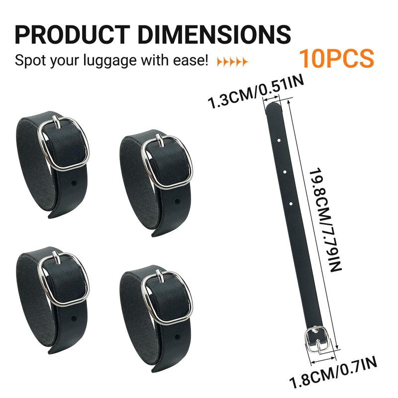 10pcs PU Leather Luggage Tag Straps with Metal Buckle Black