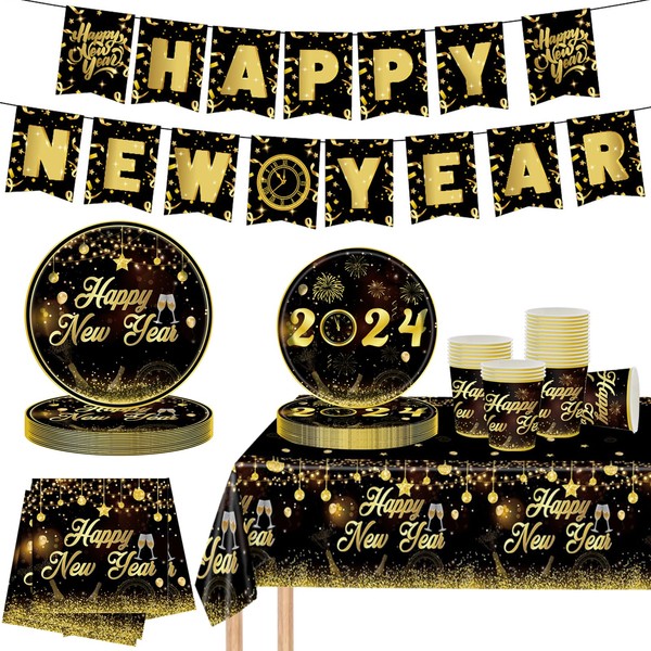 2024 New Year's Eve Party Accessories, 2024 Happy New Year Party Tableware Set, New Year's Eve Decoration Tableware Set for 16 People with Happy New Year Banner, Plates, Napkins and Tablecloth,