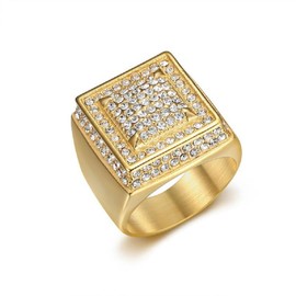 Fanshu Stainless Steel Gold Plated Iced out Bling Square Hip Hop Punk Heavy Rings for Men Women Couple Birthday Gift Party Fashion Jewelry, Non-Precious Metal, Created Zircon
