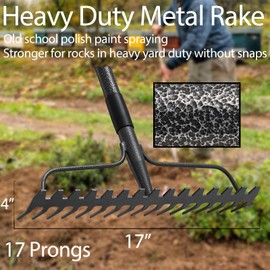 Bow Rakes for Lawns, 17 Prongs 17" Wide Heavy Duty Metal Garden Rake Long Handle 50", Adjustable Rock Yard Thatch Rake for Leaves Gardening Loosening Soil Mulch Gathering Leaf