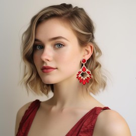 VANGETIMI Red Fashion Rhinestone Statement Drop Dangle Earrings Large Colorful Crystal Chandelier Earrings for Women Bridal Wedding Party Prom