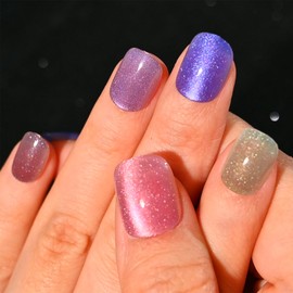 Sethexy Squoval Press on Nails Short - Colorful Cat Eye, Rainbow Design Acrylic Fake Nails for Women 15 Sizes - 30 Pcs Soft Gel Nails Kit with Glue