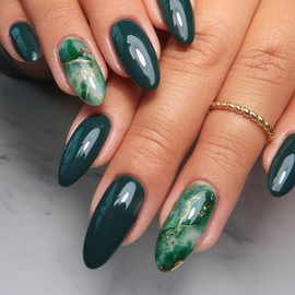 24PCS Emerald Green Ombre Press on Nails, Medium Almond Fake Nails with Gold Foil Design, Full Cover Stick-on, Includes Accessory Tools, Ideal for Brides & Parties