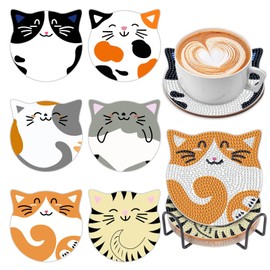 6 Pcs Cat Diamond Painting Coasters Kit with Holder – DIY Craft Kit for Adults, Fun Diamond Art for Home Décor & Drink Coasters