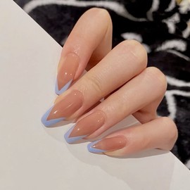 24pcs Medium Length Fake Nails French Light Blue Nude Pink Nail Tips for Wedding, Party, Holiday, Dating, Prom and Daily Life