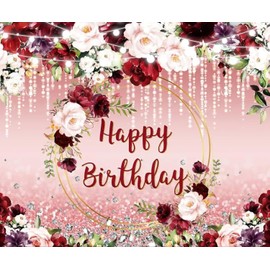 ZJRBJB 10x8ft Floral Happy Birthday Backdrop for Women Glitter Bokeh Watercolor Burgundy Flowers Birthday Photography Background for 40th 50th 60th Birthday Party Proposal Decoration Supplies