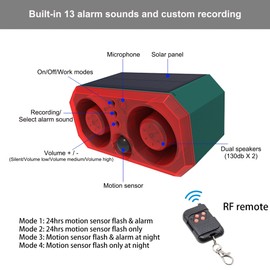 Solar motion sensor alarm for outdoor use: motion sensor dog barking with 2 x 130 dB noise generator and 13 LED flash light, supports recording, dog barking alarm for home, farm