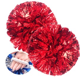 2Pcs Cheerleader Pom Poms,Cheerleading Pom Poms,Hand Flower Pompoms,Metallic Foil Cheer Poms,Cheering Squad Pompoms Handheld Cheerleader Pompom Metallic Foil and Plastic Ring Pompom for Kid Adult,Red