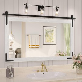 JIINGYO Farmhouse Bathroom Mirror, 40x26 Inch White Vanity Mirror for Wall, Wood Framed Rustic Mirror Rectangular Wall Decor Mirrors for Entryway Living Room Bedroom